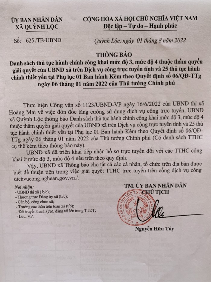 Danh mục TTHC mức độ 3, mức độ 4 thuộc thẩm quyền giải quyết của UBND xã